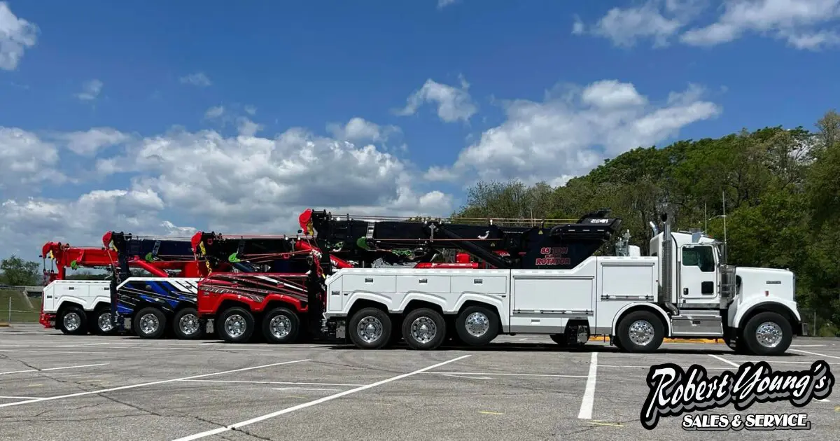 Large tow trucks lined up in parking lot.